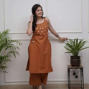 Sleeveless cotton Mirror work kurta set - L, Orange - brown