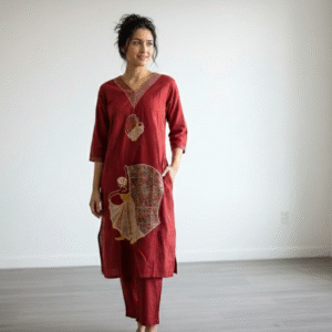 Applique design Red cotton kurta set